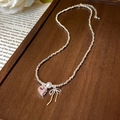 Silver bead necklace featuring a pink heart zircon, white pearl, and bow charm pendant - Silver Pink Heart Gemstone Imitation Pearl (9#)