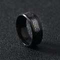 Macro shot of black stainless steel ring with blue carbon fiber and silver dragon pattern - US 9 / Black Blue Carbon Fiber