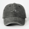 Charcoal grey washed cotton baseball cap with white wave embroidery for outdoor sun protection - Black