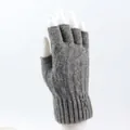 Detail of grey cable-knit fingerless glove featuring a deer pattern decorative leather patch - One Size / Light Gray
