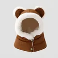 Detail of children's fleece hood with bear ears, thick plush lining and brown buttons - 54cm (3-8 Years) / Brown