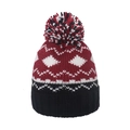Berretto invernale in maglia con motivo jacquard geometrico a rombi e pompon di pelliccia - Rosso Nero Bianco