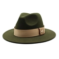 Detail of olive green wool fedora hat with light brown ribbon and golden bee emblem - Army Green