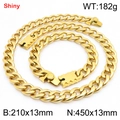 Golden 13mm stainless steel cuban link chain jewelry set with necklace and bracelet - Style C (Push Button Clasp) / 13mm Width/45cm Chain / Gold