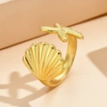 Adjustable golden ocean ring featuring starfish and seashell designs for beach vacations - J03124 / Gold