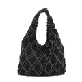 Sac fourre-tout en denim noir avec motif losange à franges et poignée nouée chic - Motif de Diamants Noir