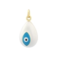 Macro detail of tear-drop Evil Eye pendant with white enamel and golden frame - White/P00264