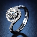 Macro detail of S925 silver ring with halo set round cut stone and adjustable band - Y137 Classic Halo Pave