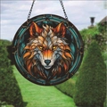Stained glass wolf suncatcher hanging ornament with colorful geometric design for wall decor - Wolf