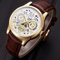 ORUSS men's quartz watch with gold case, brown leather strap and white skeleton dial - Brown Leather Strap White Dial