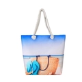 Detail of canvas beach tote featuring colorful nautical prints and thick rope handles - Blue Slipper