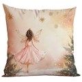 Square Christmas pillowcase featuring pink fairy with gold glitter wings on white fabric - Fairy Girl