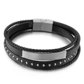 Men's multi-layer black braided leather bracelet with silver curved plate and magnetic clasp - 22cm Steel Color (KB146264-KLHQ)