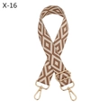 Macro detail of brown and beige geometric rhombus jacquard bag strap with gold metal hooks - Tan
