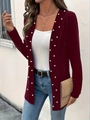 Elegant wine red ribbed knit cardigan for women with pearl embellishments and long sleeves - S / Burgundy