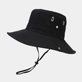 Dettaglio cappello parasole nero a tesa larga con occhielli metallici e cordino regolabile - Taglia unica / Nero