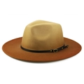Detail of gradient felt fedora showing brown leather band and golden metal buckle - M (56-58cm) / Orange