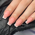 Minimalist long square press-on nails with white French tips on nude pink base - French Nude Pink Style (JP2386)