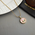 Detail of French vintage pendant necklace with pink enamel and white pearl - Disc Flower-Pink 0377JF