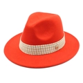 Detail of red wool felt fedora featuring a woven band and gold metallic M logo charm - Orange Red