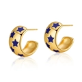 Golden C-shaped hoop earrings with blue enamel star patterns on a white background - Dark Blue Star C-Shape (KE0721-3)