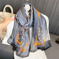 Elegant chiffon long scarf with blue houndstooth and orange paisley print for women - Houndstooth Paisley Patchwork
