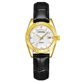 Women's quartz watch with gold metal case, white dial, and black crocodile leather strap - Black Strap Gold Case White Dial Women's