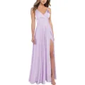 Lavender satin prom dress featuring a deep V-neck, spaghetti straps and a side slit - US 14 / Lavender