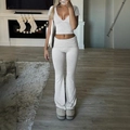 Y2K light grey casual set with V-neck short top and high waist flared pants - S / Mottled Grey