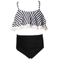 Two-piece girls' swimsuit with striped ruffle top, pom-pom trim and high-waist black bikini bottom - 104 / Striped Pompom Ruched Pants Set
