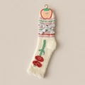 Thick mink velvet crew sock in beige with floral patterns and heart chain detail - One Size / Milk White