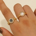 Detailed close-up of two creative gold watch-shaped rings with crystal bezels on fingers - 2Pcs Gold Silver Octagonal Rhinestone Rings