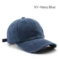 Vintage navy blue washed cotton baseball cap with distressed rip details and metal buckle - Navy Blue