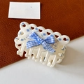Cute cream and blue checkered bow hair claw clip with bunny and flower prints - Blue Square Claw Clip-7.8cm