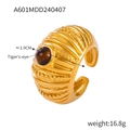 Gold-plated open ring featuring a large oval Tiger's-eye stone and ribbed band texture - US 7 / Gold Color Tiger's Eye Ring
