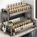 Double-tier black metal kitchen spice rack with side hooks and knife slot, 55cm width - 2-Layer Gun Grey 55CM (Main Rack) + 4 Hooks