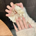 Handmade long trapezoid press-on nails with nude gradient, rhinestones, and pearls - Extra Small (XS) / Extra Long Coffin Shape (2677)