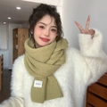 Grass green knitted scarf with ribbed texture and white label for winter warmth - Approx. 160cm / Buckwheat Green