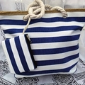 Close-up of blue white striped canvas tote set with rope handles on lace fabric - Sapphire Blue