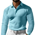 Close-up of light blue waffle knit fabric texture on men's long sleeve polo shirt - S / Light Blue