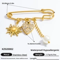 Gold stainless steel sun brooch with crystal heart and pearl charms, size details shown - Safety Pin with Charms (Sun/Heart/Pearl)