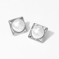 Modern square pearl stud earrings in silver-plated finish for women elegant jewelry - Silver Square Earrings D2873