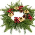 Christmas candle holder wreath with pine needles red berries and 4 gold candle cups - 40cm Pinecone Style