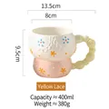 Pink ceramic cereal mug with relief flowers, yellow bubble handle, 400ml capacity - Beaded Yellow Lace
