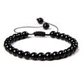 Adjustable black stone bead bracelet with handcrafted braided cord in a minimalist style - Glossy Black Glass