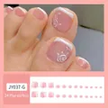 Pink and white gradient French toe nail tips with elegant white rose patterns, 24 pieces - JY037-G French Rose Design