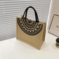Borsa tote etnica retrò in iuta con stampa geometrica nera e manici in fettuccia - Totem Etnico Orizzontale (870)