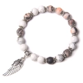White turquoise and agate stone bead bracelet with vintage silver feather wing charm - Pink Zebra Jasper
