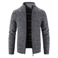 Men's dark grey knit cardigan with warm black and red plaid fleece lining and full zip - M / Dark Gray