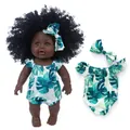 12-inch African American baby doll with curly hair in green leaf print romper and headband - 30cm Black Doll / Green Bamboo Off-Shoulder Romper Tie-Dye